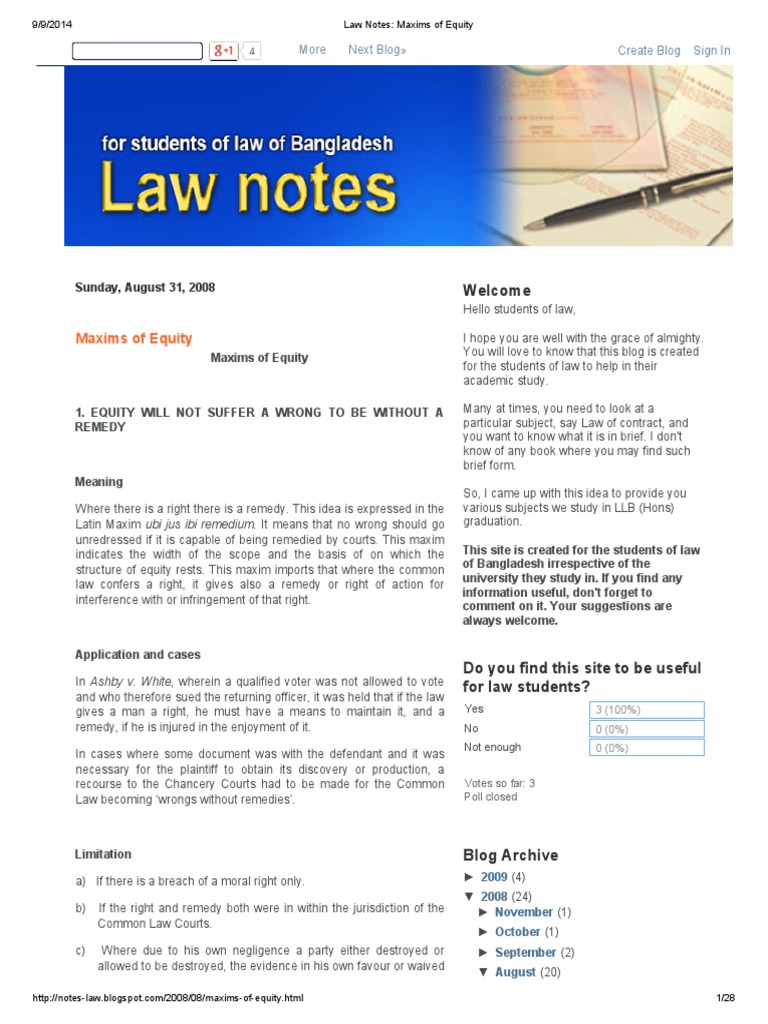Law Notes Maxims of Equity PDF Laches (Equity) Equity (Law)