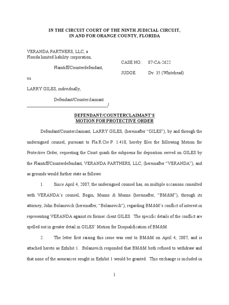 Sample Motion For Protective Order Deposition (Law) Lawsuit