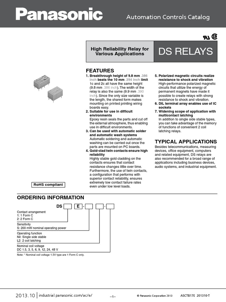 Ds1e-S-dc5v Relay Ag231944 Data Sheet | PDF | Relay | Switch