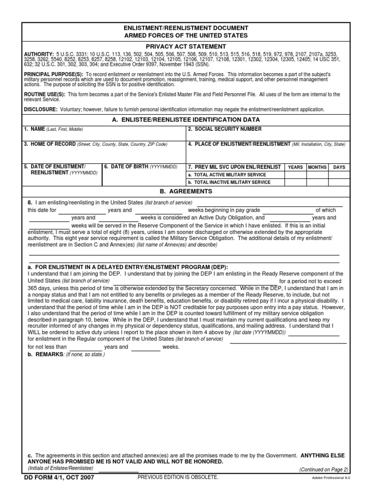 contract form dd 4 enlistment Form Discharge  Oath  Office  DD Military Of  4