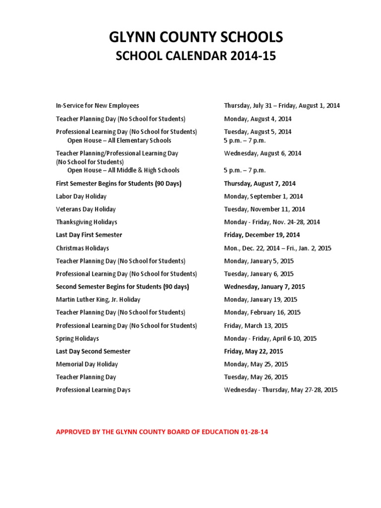 2014-15 School Year Calendar Text Version Approved 01-28-14 | PDF