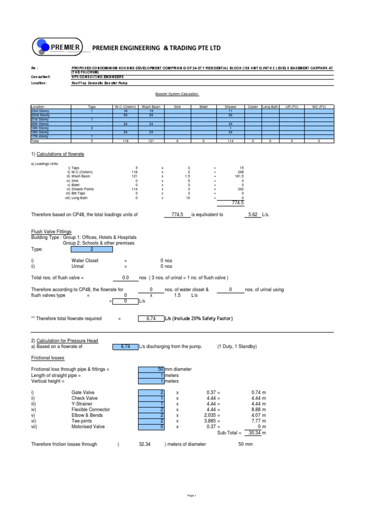 Booster Pump Calculation Flow Measurement Pipe (Fluid Conveyance)
