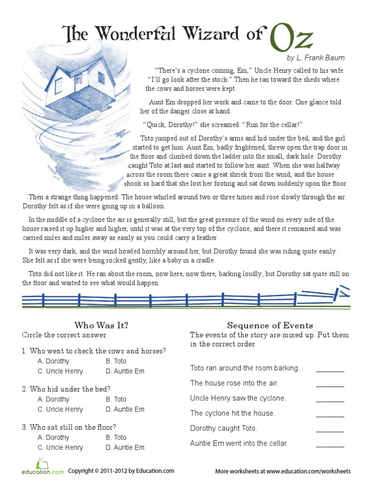 ReWorksheetading Comprehension Wizard of Oz Worksheet Aunt Em Dorothy Gale