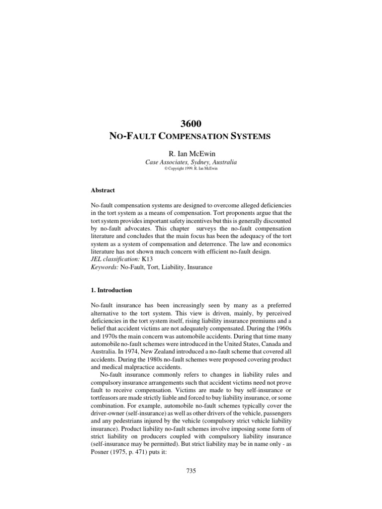 NoFault Compensation Systems Tort Liability Insurance