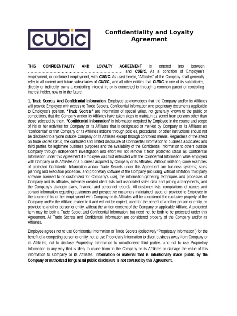 Confidentiality and Loyalty Agreement Confidentiality Proprietary
