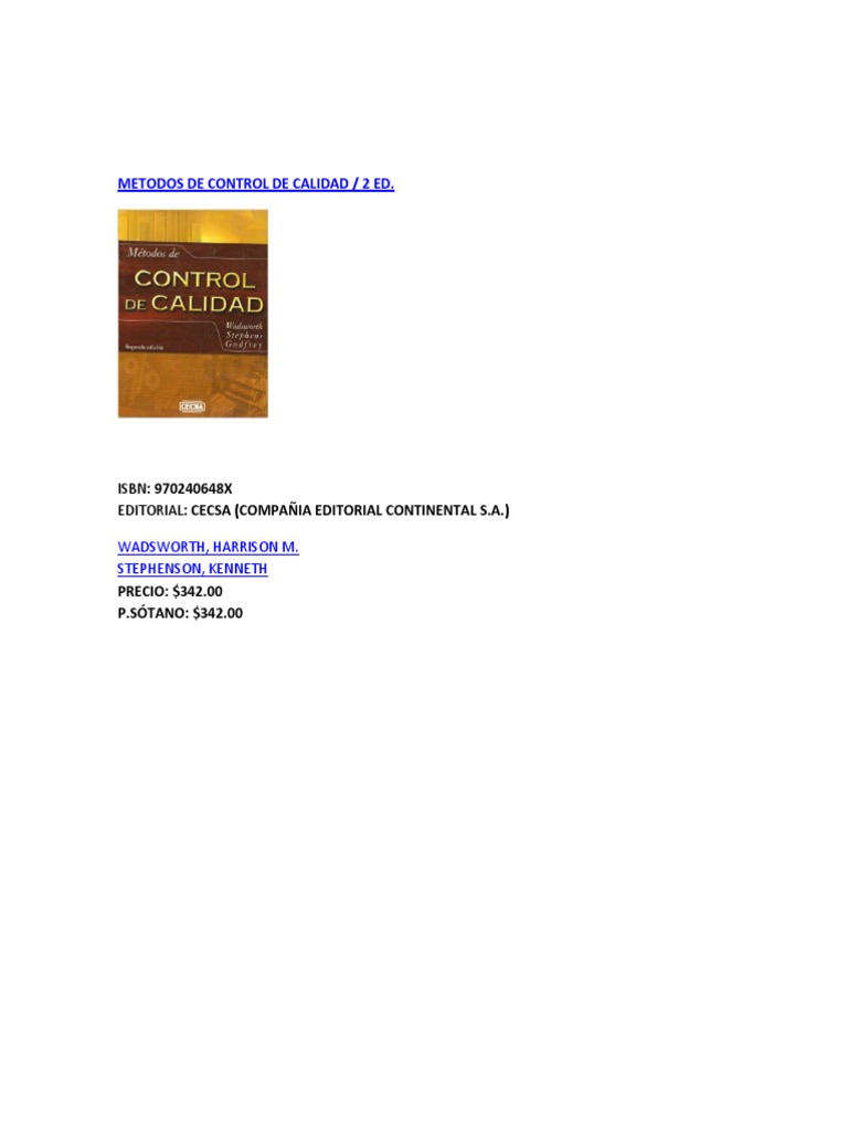 Metodos de Control de Calidad Libro | PDF