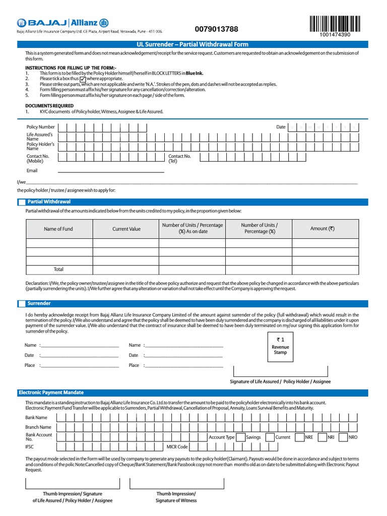 Bajaj Allianz Surrender Form | PDF | Life Insurance | Signature