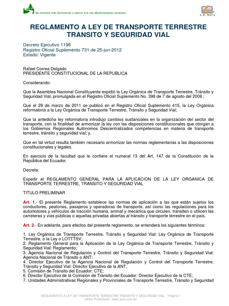 Reglamento A Ley De Transporte Terrestre Transito Y Seguridad Vial Pdf