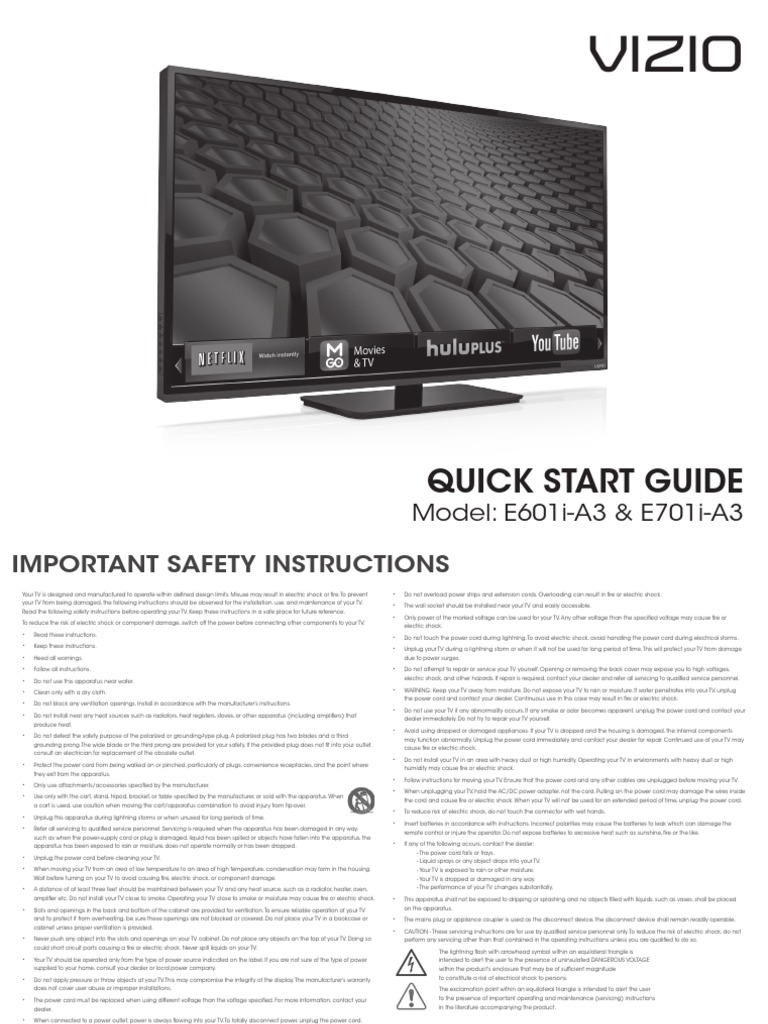 Vizio E601i-A3 & E701i-A3 Quick Start Guide | Electromagnetic Interference  | Ac Power Plugs And Sockets