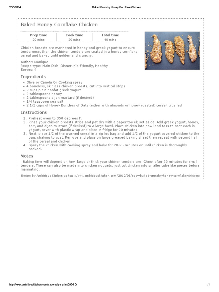 Baked Honey Cornflake Chicken Recipe | PDF | Cooking, Food & Wine