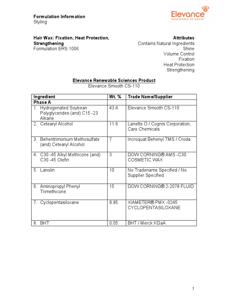 Formulation ERS 1006 102713 Hair Wax PDF Wax Trademark