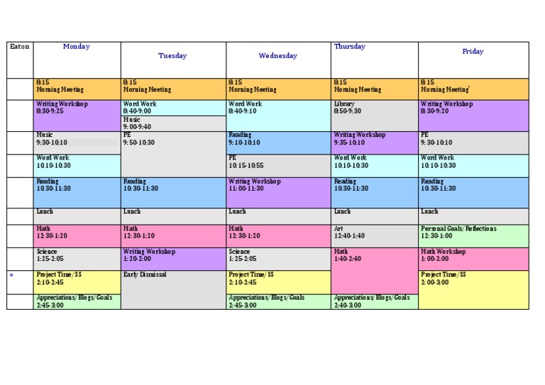 Weekly Class Schedule Overview | PDF | Language Arts & Discipline