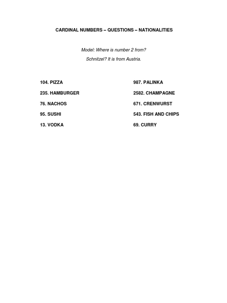 Cardinal Numbers - Questions - Nationalities: Model: Where Is Number 2 ...
