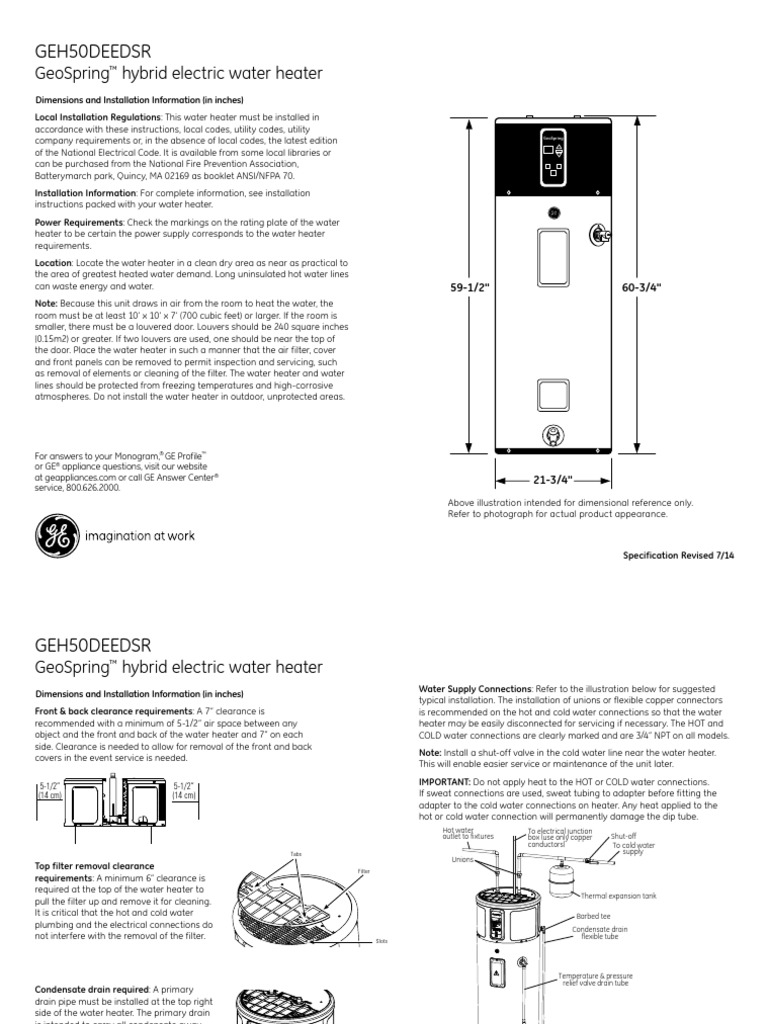 Geh50Deedsr Geospring Hybrid Electric Water Heater PDF Water
