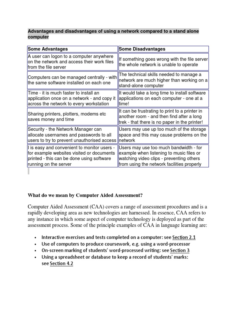 Advantages and Disadvantages of Using a Network Compared to a Stand Alone Computer Test
