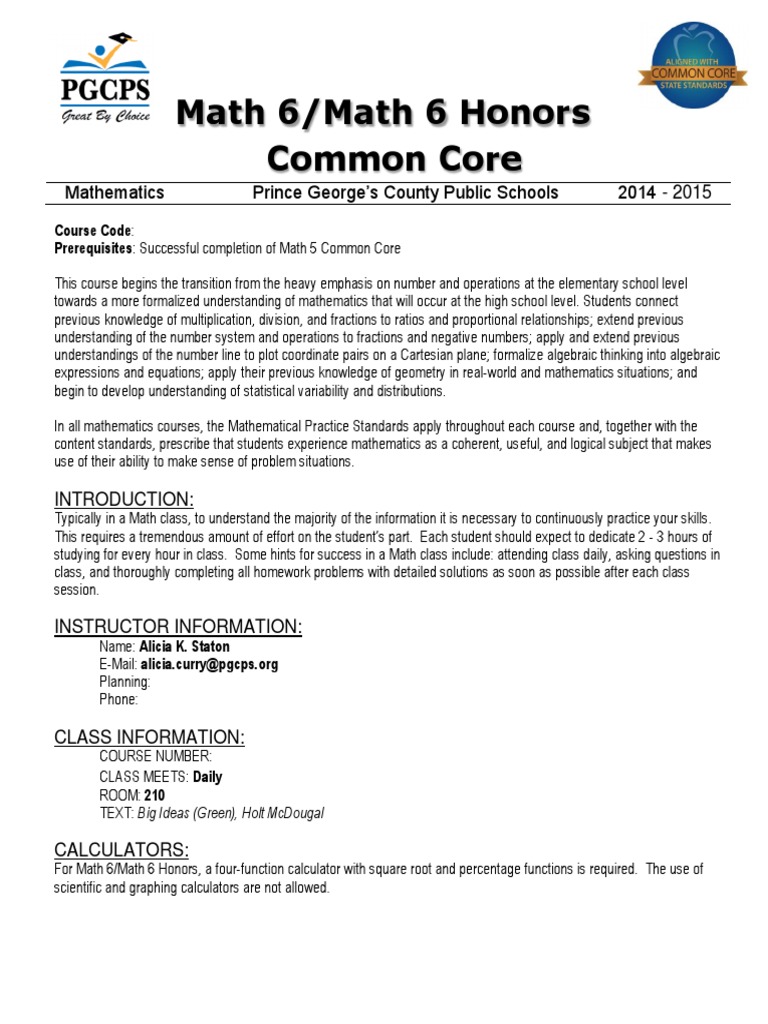 Worksheet Math 6 math 6 and honors common core syllabus 2014 2015 ratio fraction mathematics