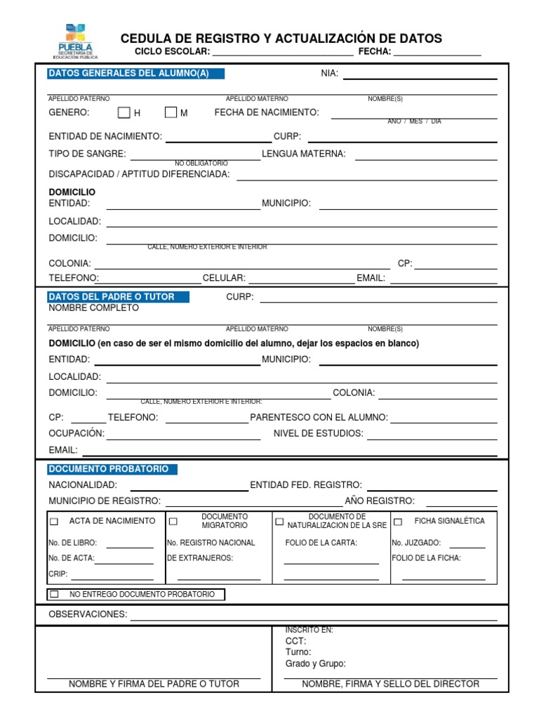 Cedula de Registro de Datos Del Alumno SICEP
