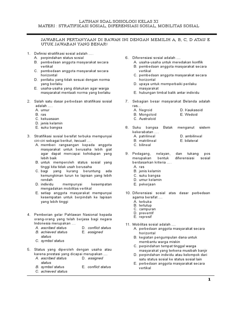 Latihan Soal Stratifikasi Sosial Diferensiasi Sosial Mobilitas Sosial 1