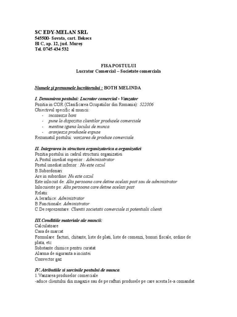 Lucrator Comercial Vanzator Fisa Post