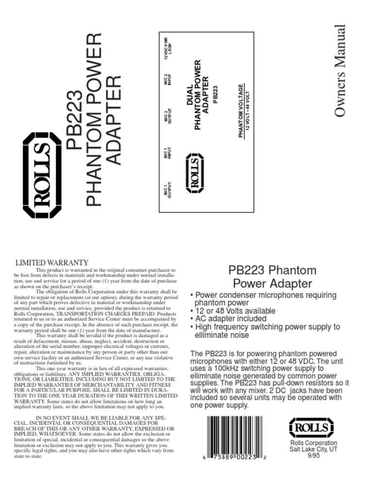 Used Rolls Phantom Power Adapter PB23 W/ Input Cord | Reverb UK