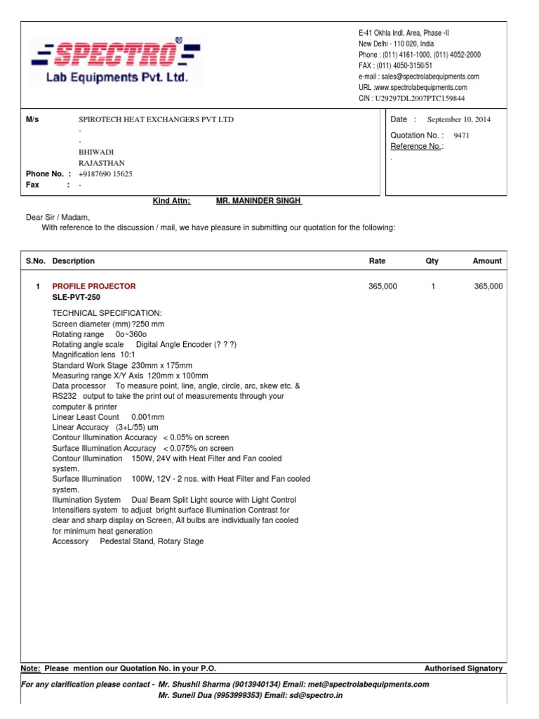 Quotation for Profile Projector SLE-PVT-250 | PDF | Lighting | Optics