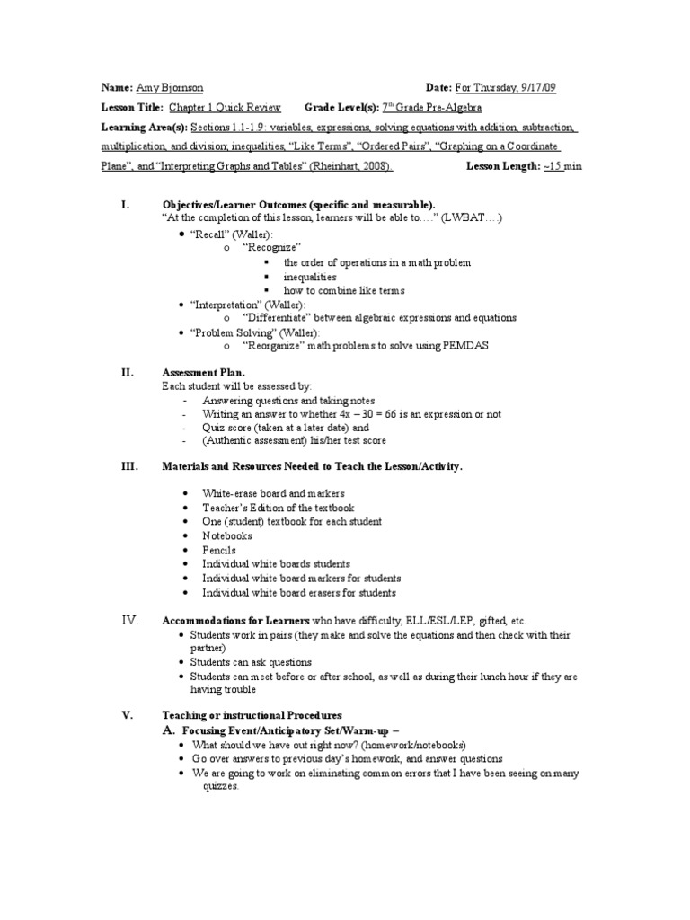 Pre-Algebra Chapter 1 Review Lesson | PDF