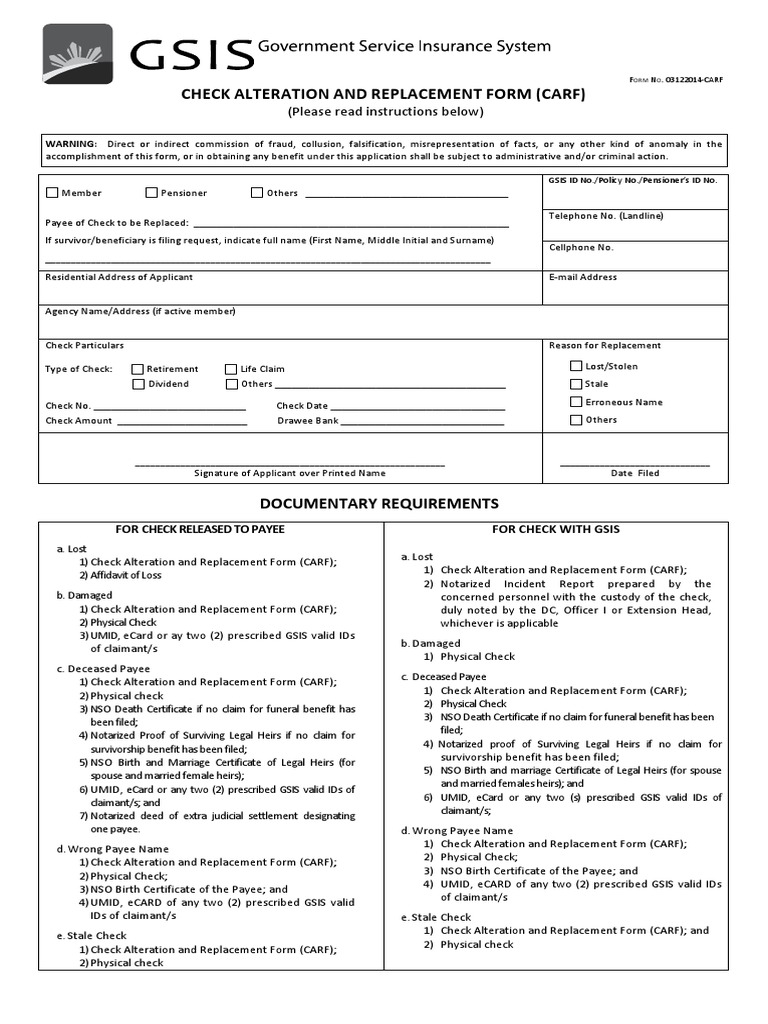 Form No 03122014 CARF Check Alteration Replacement | PDF | Cheque ...