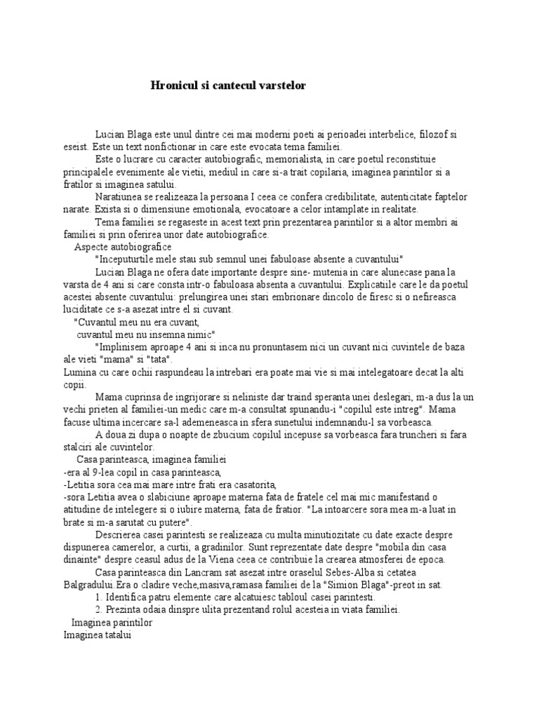 Hronicul Si Cantecul Varstelor Rezumat Hronicul Si Cantecul Varstelor | PDF