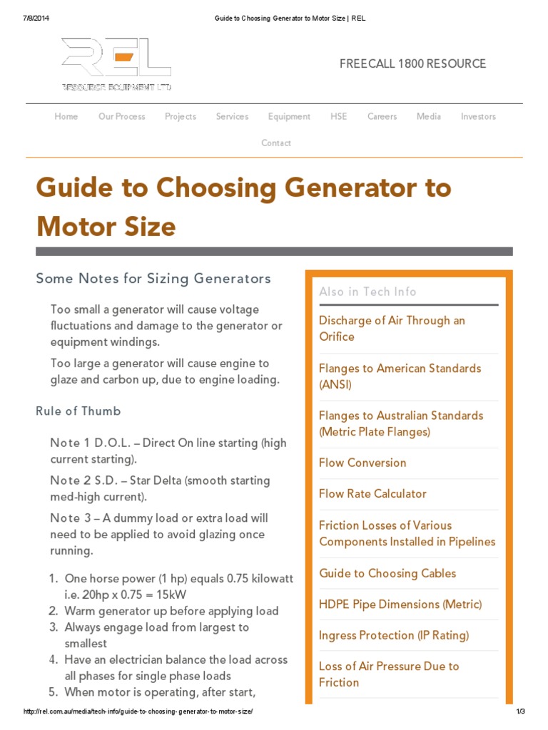 Guide To Choosing Generator To Motor Size REL Download Free PDF Electric Generator Engines