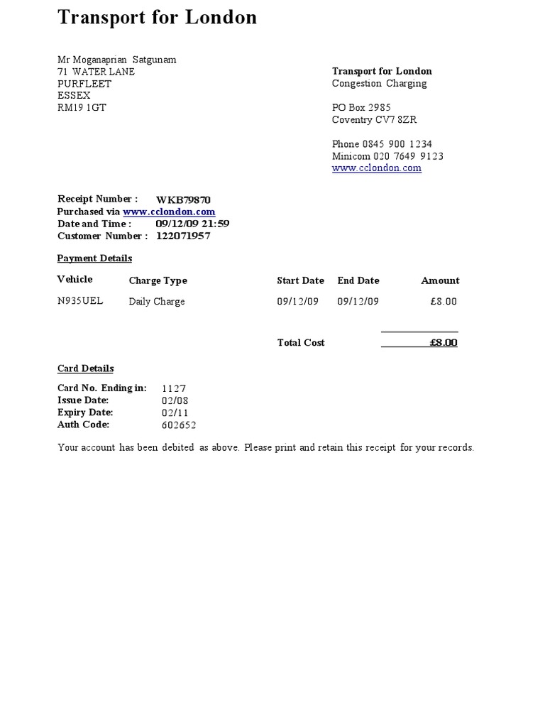 Coventry Congestion Charge Receipt | PDF