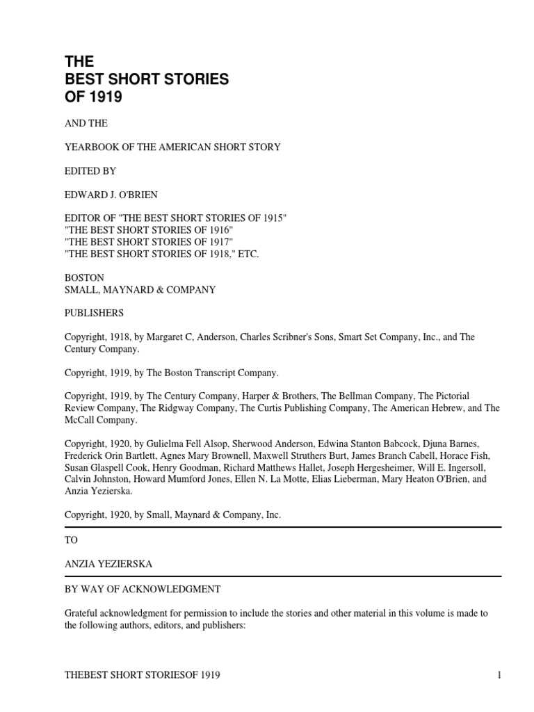 THE Best Short Stories OF 1919 PDF Idealism Narrative