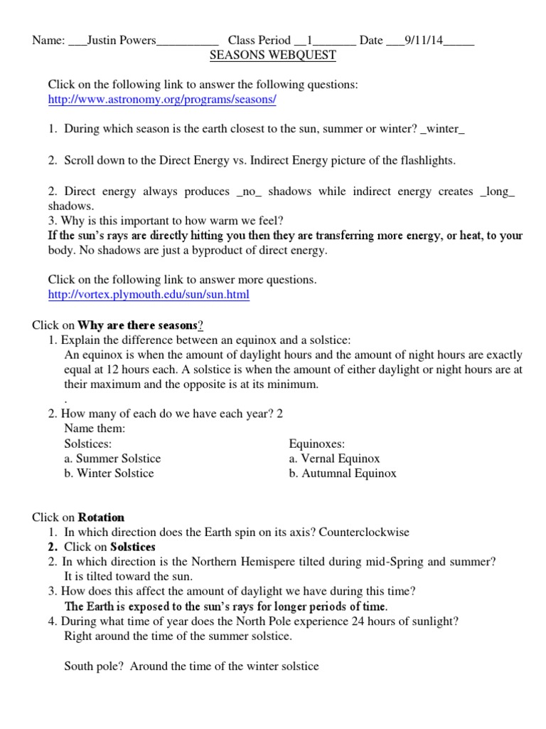 Seasons Webquest Answer Key | PDF | Earth | Sun
