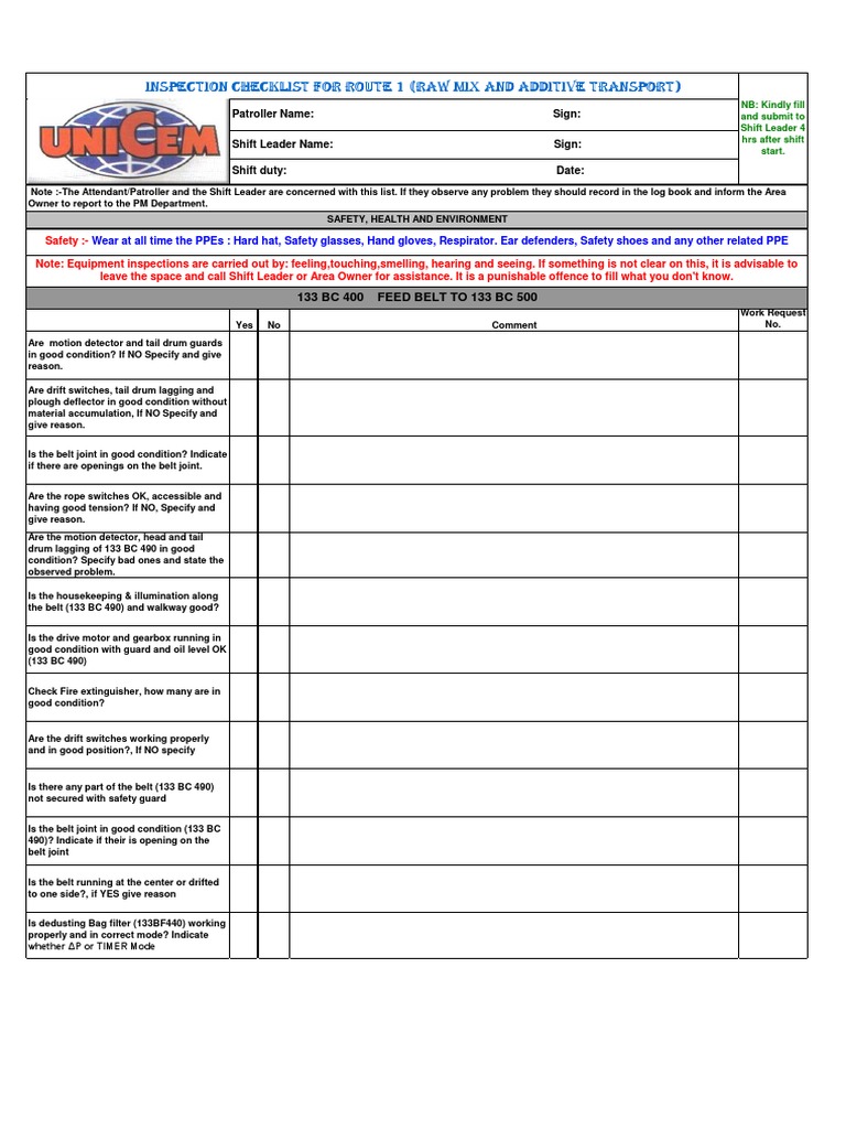 Route 1 Patrolling Inspection Checklist | PDF | Belt (Mechanical ...