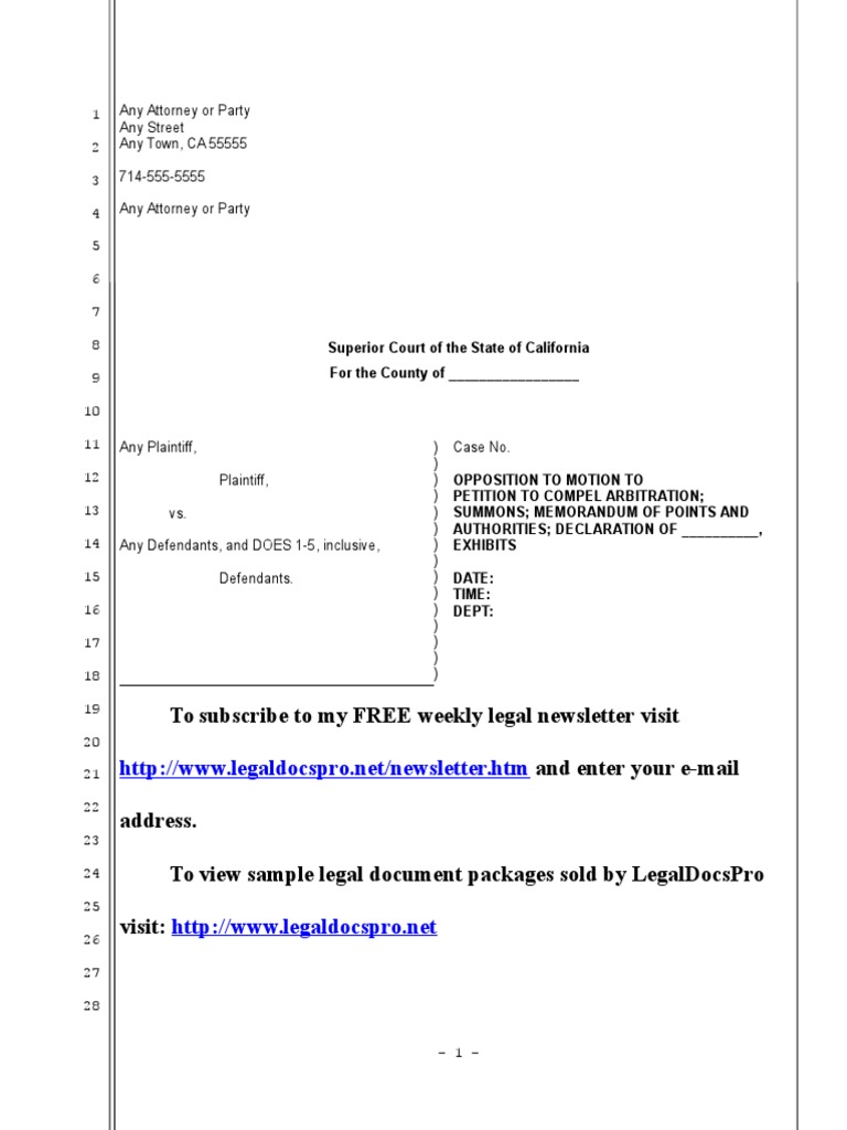 Sample Opposition To Petition To Compel Arbitration in California