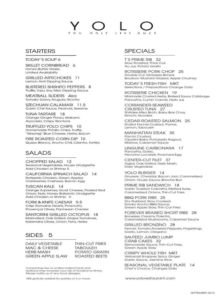 Yolo Restaurant Menu Highlights | PDF | Cooking, Food & Wine