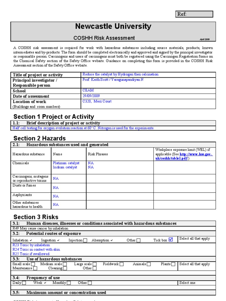 h2 Reduction Coshh Risk Assessment | PDF | Personal Protective ...