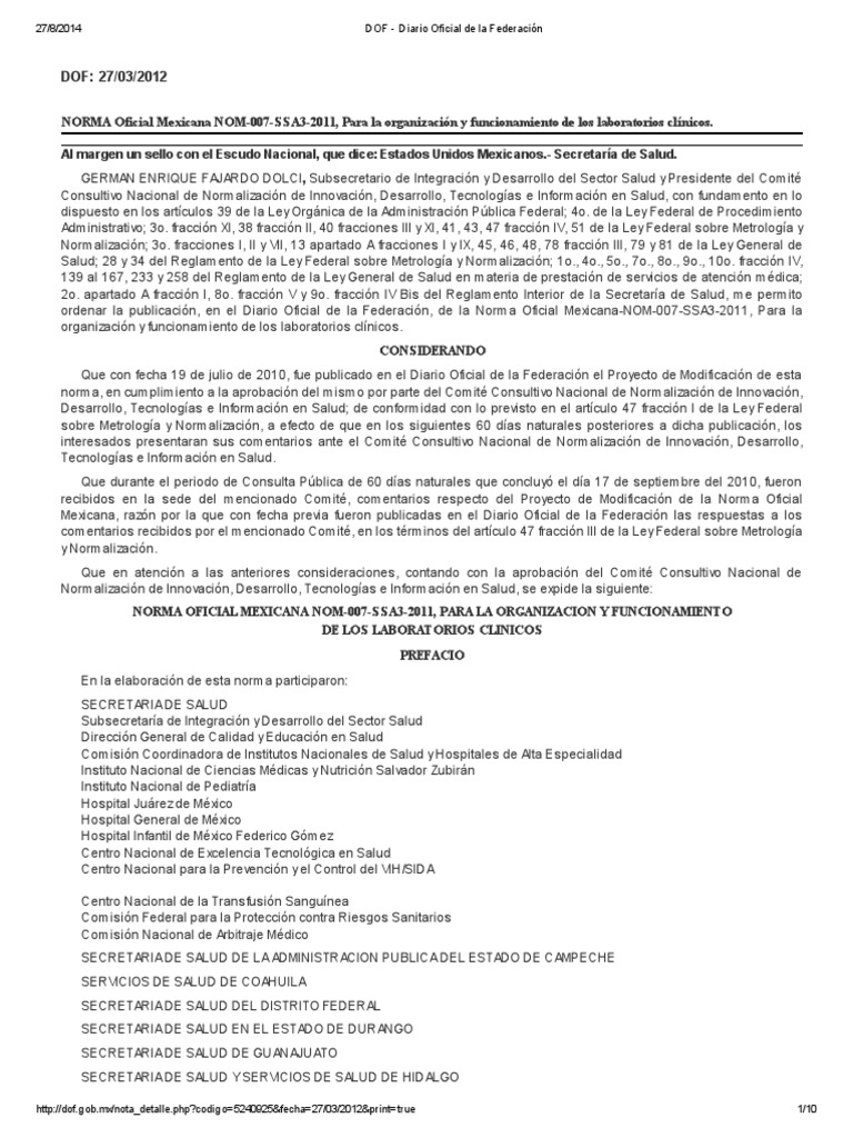 NOM007SSA32011, Para La Organización y Funcionamiento