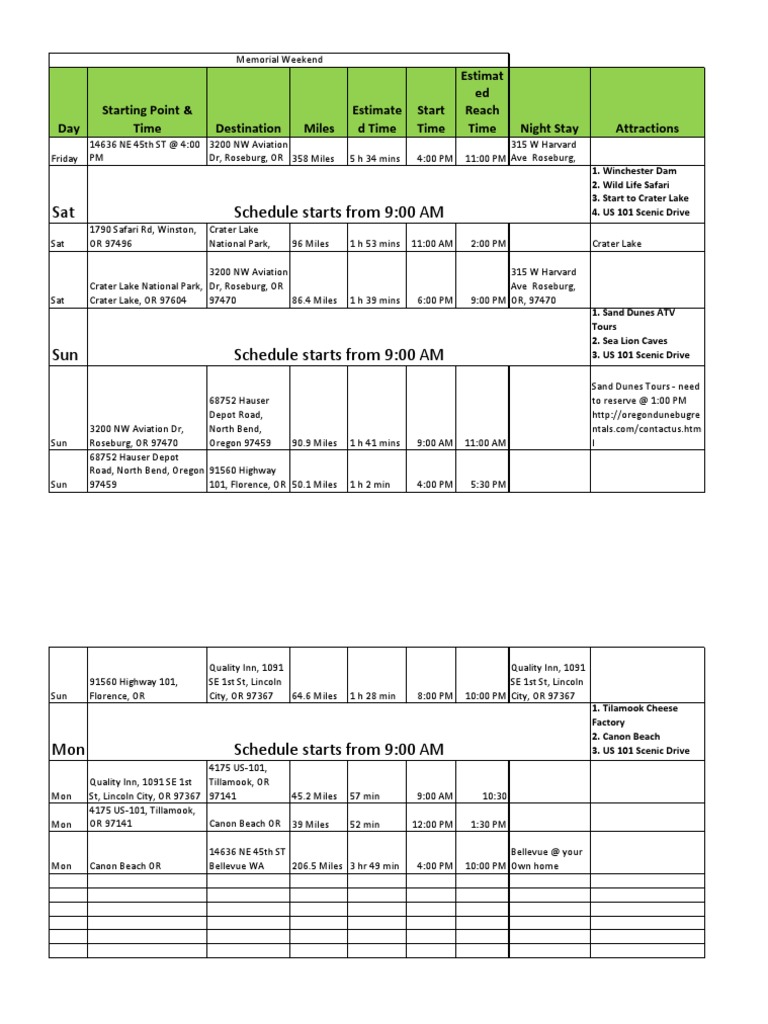 Sat Schedule Starts From 9:00 AM: Estimat Ed Reach Time Night Stay ...