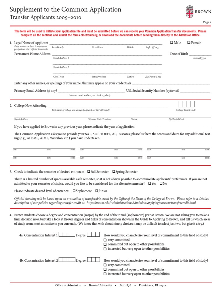Brown University Transfer Application 2009-2010 | PDF | University And ...