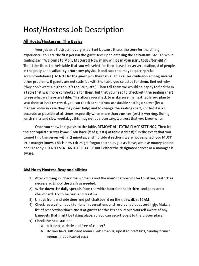 Host/Hostess Job Description: All Hosts/Hostesses: The Basics | PDF ...