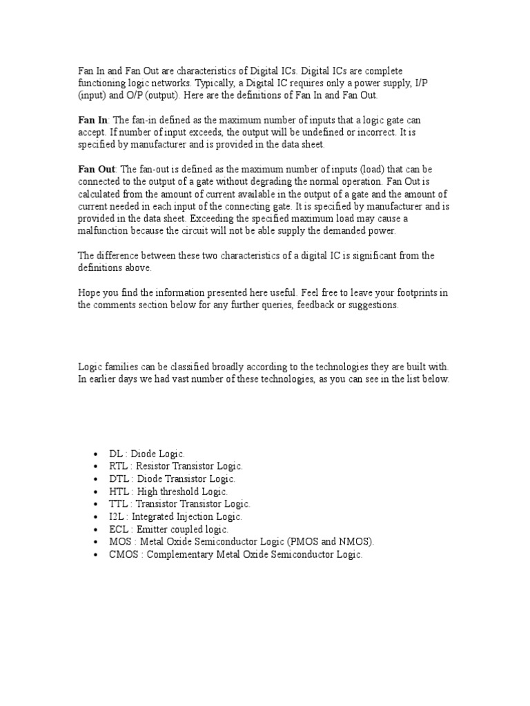 Fan in and Fan Out Are Characteristics of Digital ICs PDF Logic