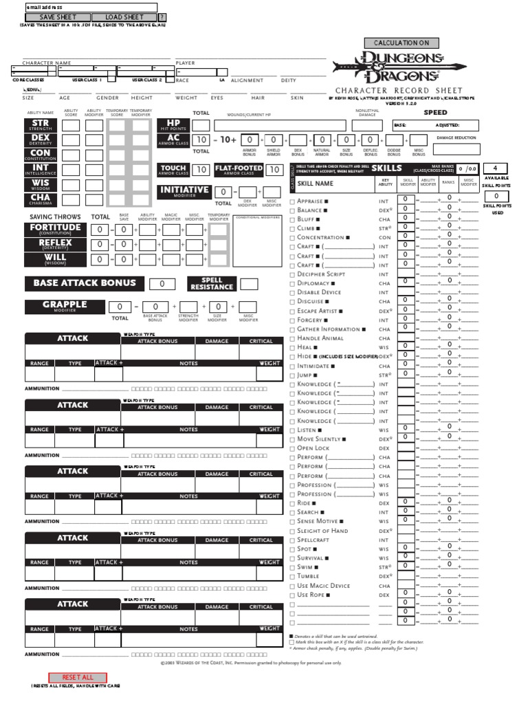 D D 3 5 Automated Character Sheet V5 2 0 Role Playing Gaming