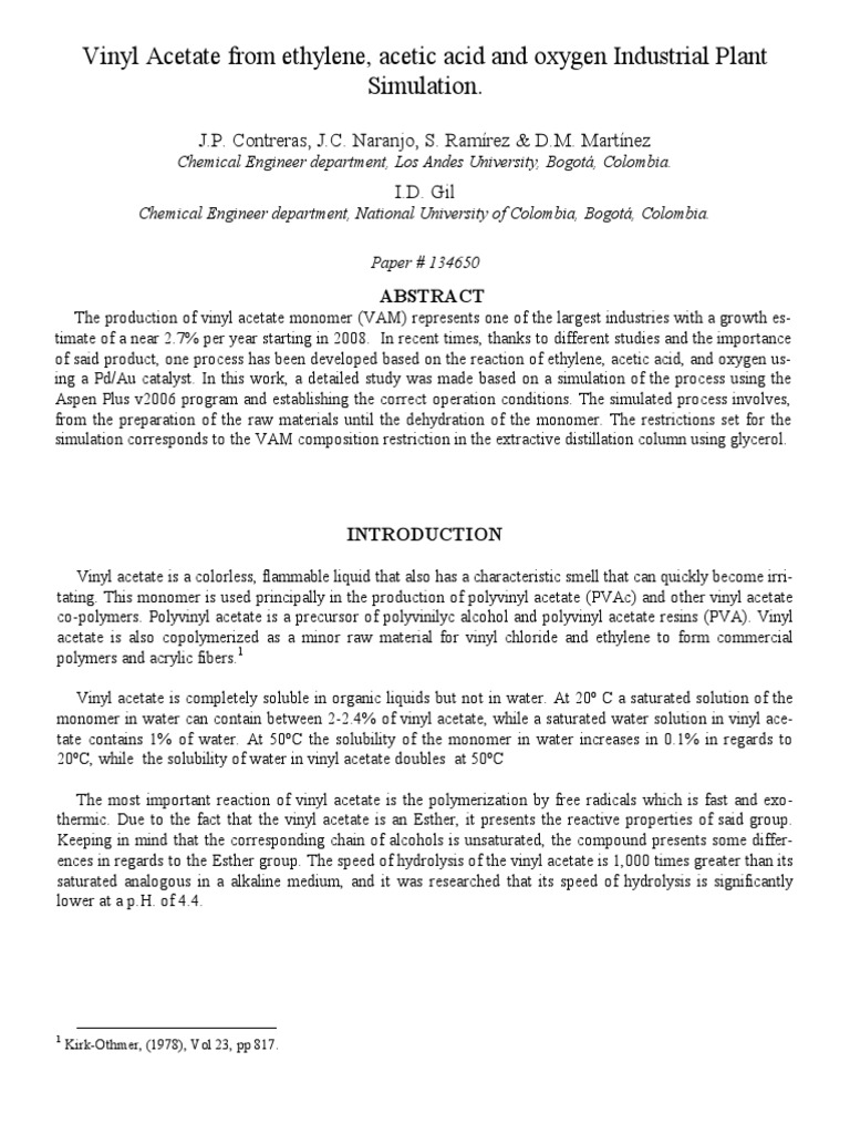 Vinyl Acetate from ethylene, acetic acid and oxygen Industrial Plant