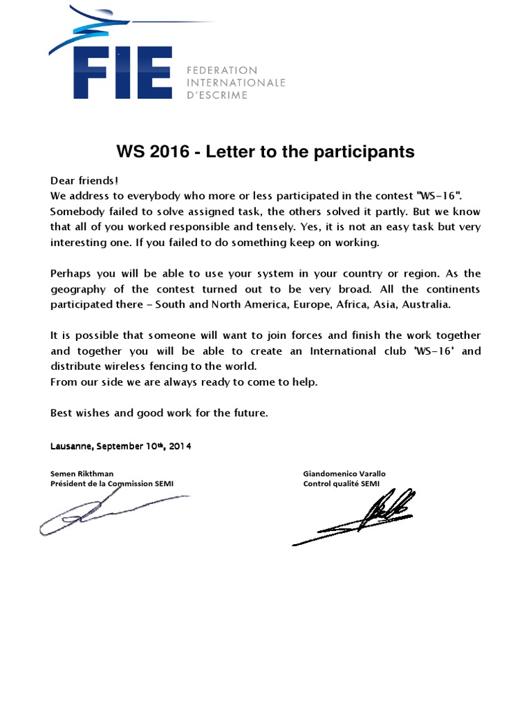 WS 2016 - Letter To The Participants | PDF