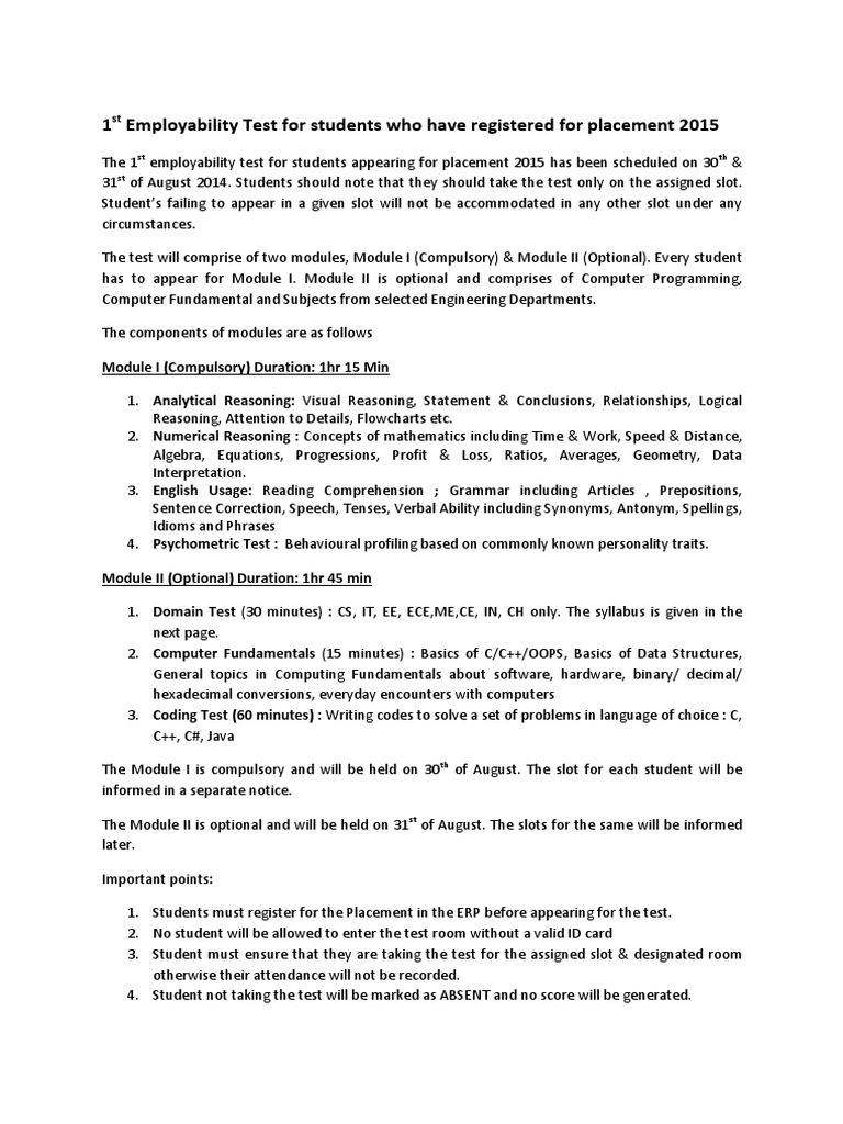 Employability Test Details for 2015 Students | PDF | Engineering ...