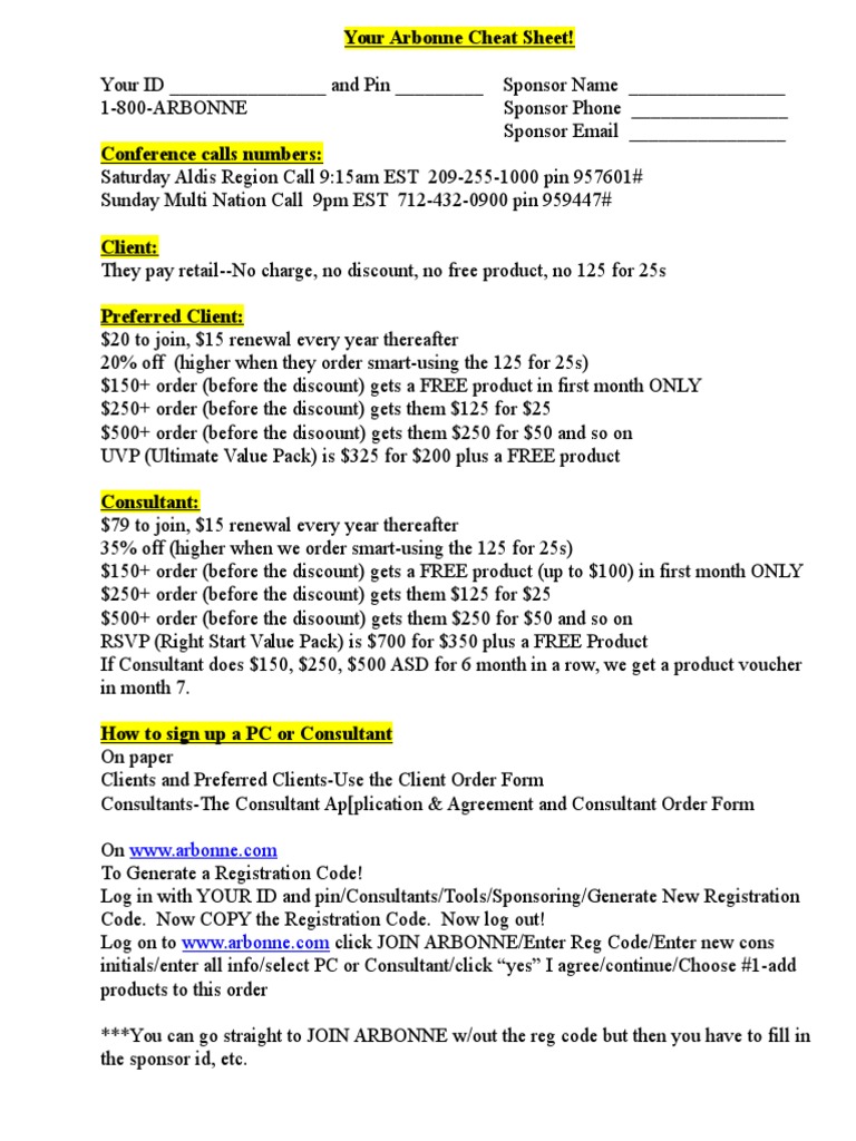Your Arbonne Cheat Sheet | PDF