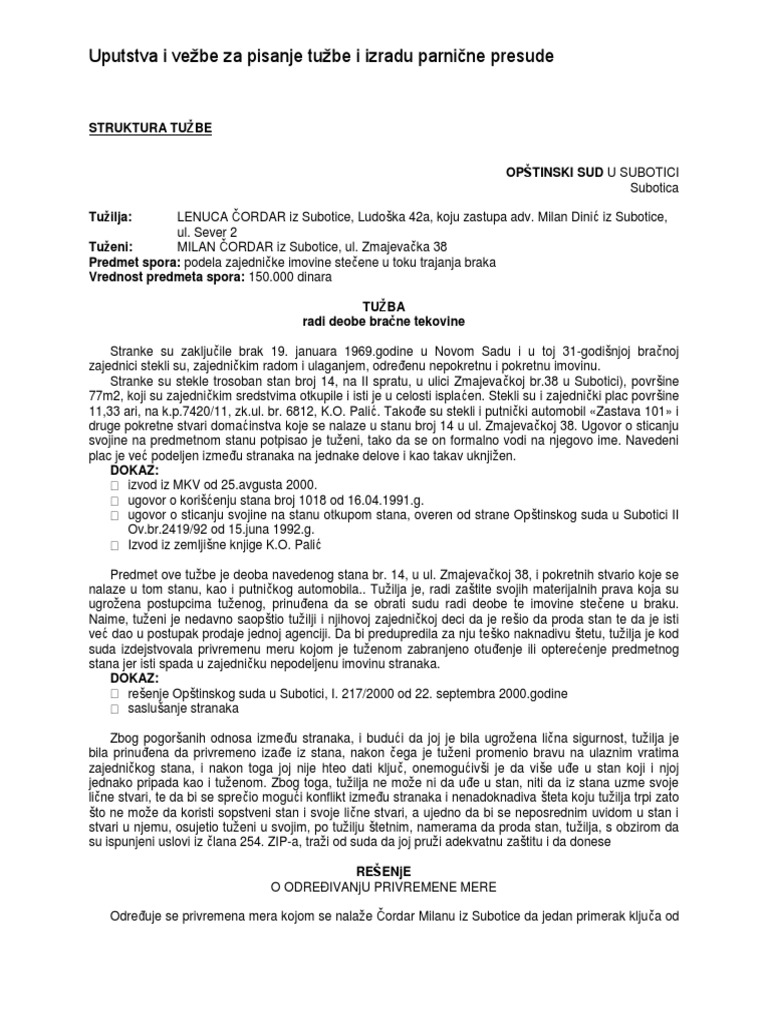 Uputstva i Vežbe Za Pisanje Tužbe i Izradu Parnične Presude