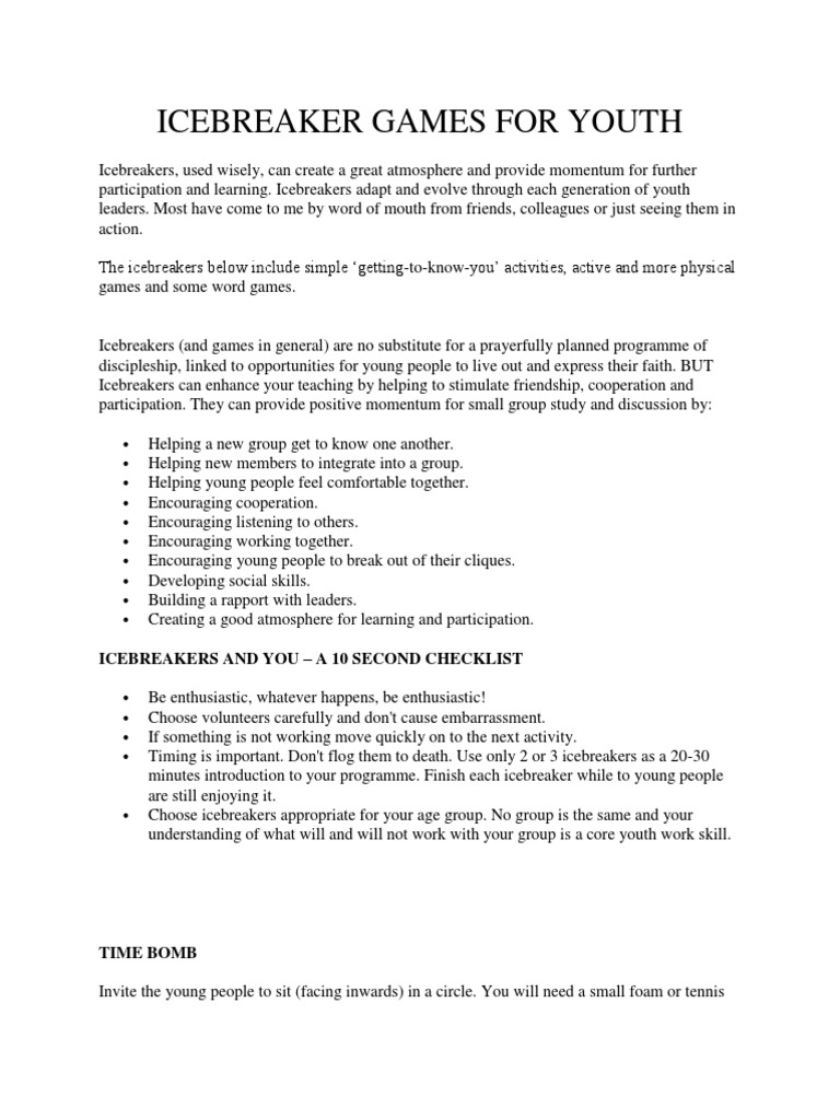 Icebreaker Games For Youth PDF Leisure