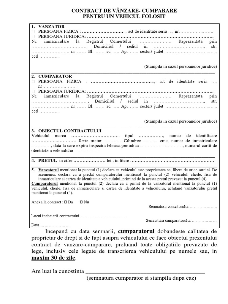 Contract Vanzare Cumparare Auto