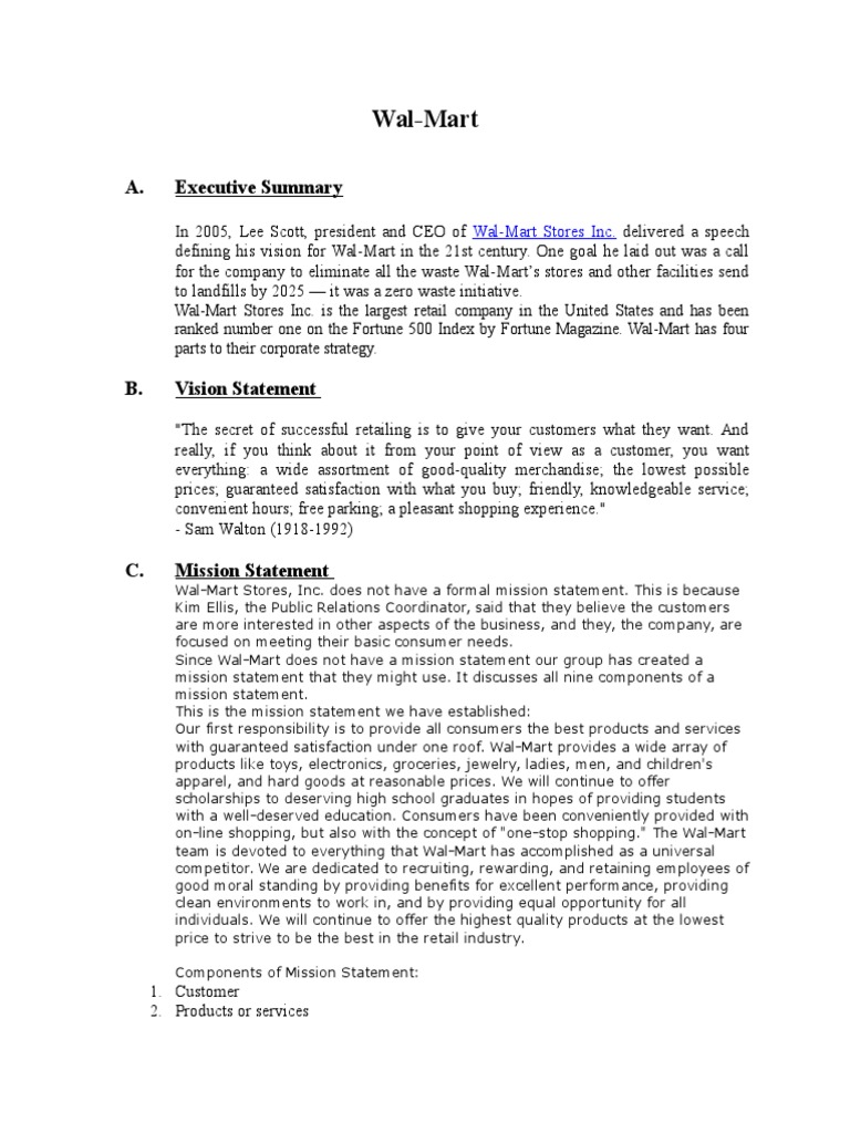 WalMart A. Executive Summary Walmart Retailing